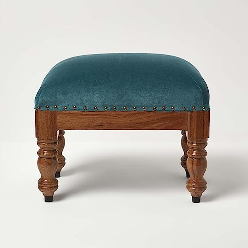 HOMESCAPES Repose-Pieds rectangulaire en Velours, Petit Tabouret Bas Vert émeraude Pouf en Bois 50x30x40 cm