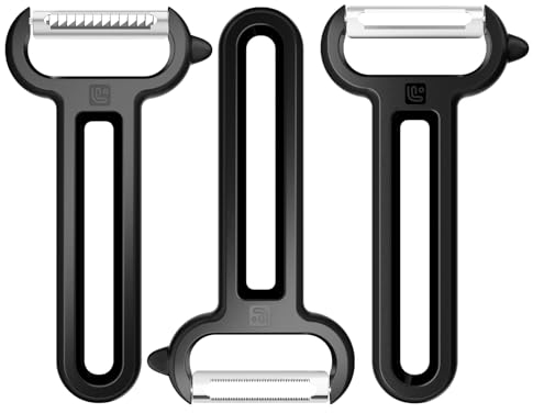 Linoroso 3PCS Sparschäler mit Spitzen Spitzen, Y-förmige Glatte, Gezackte und Julienne-Klinge zum Schälen und Streifen von Obst und Gemüse, Schärfe, Geschmeidigkeit und Bequemer Griff - Schwarz