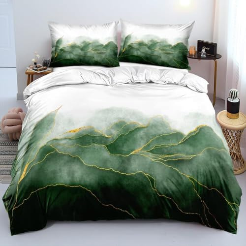 Luowei Bettwäsche 155x220 cm 3tlg Marmor Grün Gold, Mikrofaser | Oeko-TEX Atmungsaktiv Bettwäsche Set Modern Ästhetisches Design Bettbezug mit Reißverschluss und 2 Kissenbezüge 80x80cm