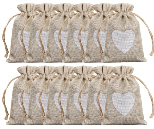 AstarFavor 25 Stück Jutesäckchen mit Kordelzug Stoffbeutel Geschenksäckchen, mit Herz Schmuckbeutel Aufbewahrung Taschen 10 * 14cm für Hochzeit, Party, DIY Handwerk (beigegrau)