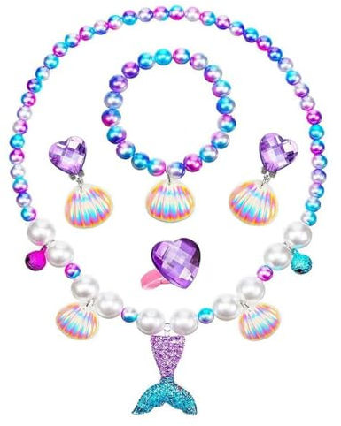 INGJIA 5 Stk Meerjungfrau Schmuck Set für Mädchen, Meerjungfrau Kinderschmuck Halskette, Ringe, Armbänder, Ohrring, Bunte Perlen Schmuck Prinzessin Geschenke für Kleine Mädchen 2 3 4 5 Jahre