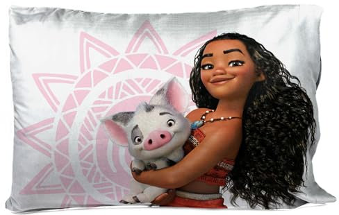 Jay Franco Disney Moana Wende-Kissenbezug, tropisches Patchwork, doppelseitiger Kissenbezug, mit Pua, superweiche Kinder-Bettwäsche, 1 Stück