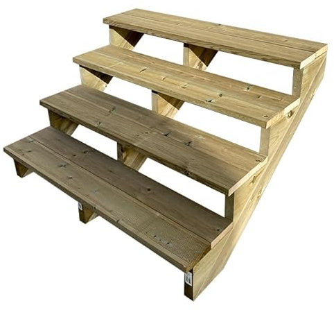 Escalera exterior de madera, de 2 a 7 peldaños, kit listo para usar, de madera, para jardín, balcón y terraza ( 4 peldaños sin contrahuellas, 140 cm)
