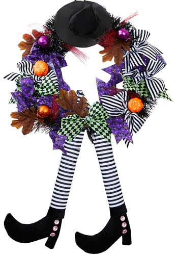 Halloween Witch Wreath Front Door Decorations - 24'' Autumn Door Wreath - Home Decor - Outdoor Pumpkin Decorations for Front Door