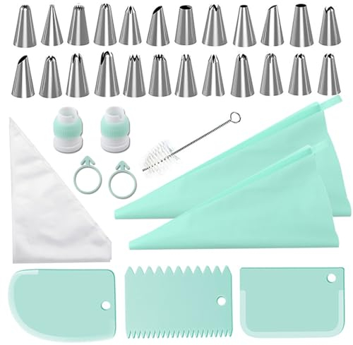 TAKUZA Spritzbeutel mit Tüllen 44 Stück, Spritztüllen Set aus Edelstahl, 2 Silikon Spritzbeutel Wiederverwendbar, Tüllen für Spritzbeutel, Tüllen Set für Kuchen Cupcakes Cookies Decoration