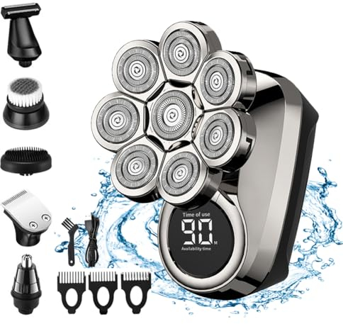 Glatzen Rasierer Herren Elektrisch, Led Glatzen mit 8 Rotierende ScherköPf IPX7 Wasserdichter Glatzen Rasierer Bart Nasenhaar Trimmer Pflege Kit Wiederaufladbarer Glatzenrasierer