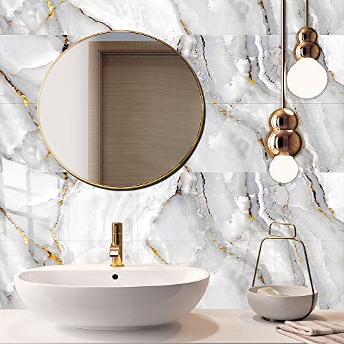 Tile Stickers Marble Gold White Peel and Stick Floor Tiles PVC Stick on Bathroom Tiles Waterproof Wall Tile Stickers Kitchen Stick on Tiles Oilproof Stick-on Tiles Self Adhesive 10x10cm/10 Pcs