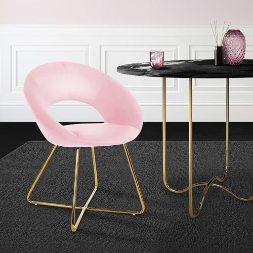 ML-Design Chaise de Salle à Manger en Velours, Rose, avec Dossier Rond, Assise Rembourrée, avec Pieds en Métal Doré, Coussin Epaissi, Fauteuil pour Table à Manger, Chaise de Maquillage, Salon, Cuisine