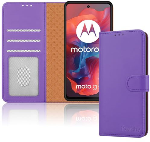 iCatchy Case for Motorola Moto E14 / G04 / G24 Leather Wallet Book Flip Stand View Magnetic Protect RFID Blocking Shockproof Cover compatible with Motorola G04 / E14 Phone (Lilac)