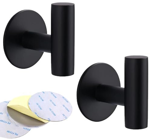 GULINO Colgadores Adhesivos Resistentes 2 Piezas, Acero Inoxidable, Colgador toalla baño adhesivo, Sin Taladro, Gancho Adhesivo pared, colgador baño y cocina, percha baño, soporte toallas (Negro)