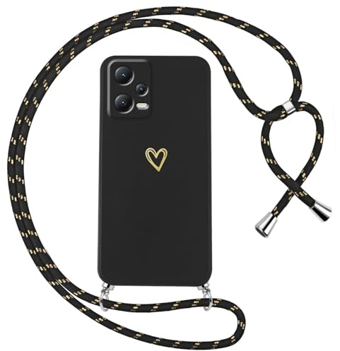 Oelrstfe Coque pour Xiaomi Redmi Note 12 5G/Xiaomi Poco X5 avec Cordon de Collier Étui Housse Souple Silicone avec Motif Coeur et Lanyard Réglable Antichoc Anti-Chute Bandoulière Lanière Case,Noir