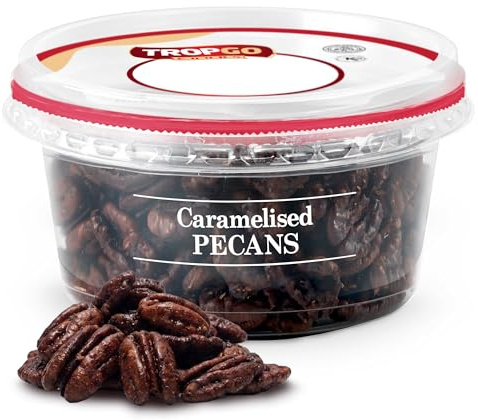 Tropgo Caramelised Pecans 160gm - Sweet Nuts in a Resealable and Recyclable Nut Tub - Wholesome Trail Mix with Fibre Protein and Essential Minerals - Healthy Nuts for All Ages