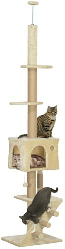 PawHut Boden bis zur Decke Kratzbaum 225-265 cm Katze Kratzbaum mit Einstellbarer Höhe mehrere Plattformen Leiter hängenden Ball Beige
