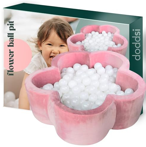 DODDSI Bällebad Bällepool Blumen 100x30cm - Superweicher Samt - 200 Perlen-Bälle im Set -Spielbecken Blumenförmiger Bällebad für Kinderzimmer oder Spielbereich - ROSA