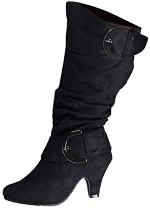 Stivali da Donna con Tacco Neri Stivaletti da Donna a Forma di V con Stiletto Stivali Natalizi da Donna con Punta a Punta Stivali con Fibbia retrò a metà Polpaccio Scarpe da Donna Casual Eleganti da