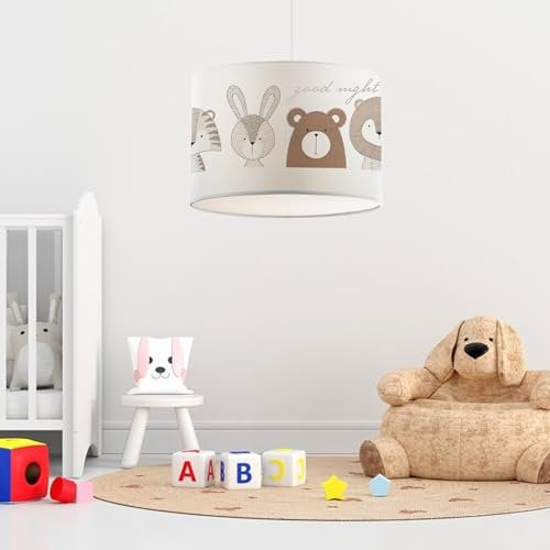 lux.pro Kinder Hängeleuchte Rugby Kinderlampe Pendelleuchte aus Kunststoff und Stoff Deckenlampe für Kinderzimmer Babyzimmer 1 x E27 ohne Leuchtmittel Weiß mit Tier-Motiv