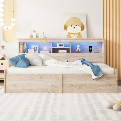 Merax Schlafsofa 90x200 Tagesbett mit Stauraum, Funktionsbett mit 2 Schubladen, USB-Ladebuchsen, Bettrahmen mit Lattenrost (ohne Matratze), Schlafcouch für Wohnzimmer/Schlafzimmer/Gästezimmer, Natur