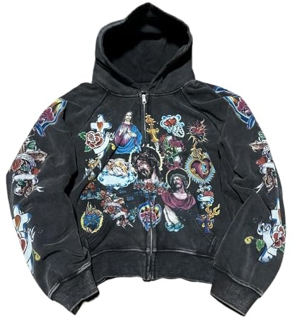 Grunge Vintage Clothes Y2k Hoodie Streetwear für Damen und Herren mit Reißverschluss, bedruckt, Übergröße, Rapper-Stil.
