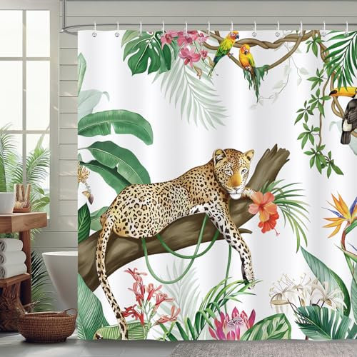 Bonhause Rideau de Douche Léopard Tropical Feuille de Palmier Rideau de Bain Tissu Polyester Anti Moisissure Imperméable Lavable Rideaux Salle de Bain 180 x 180 cm avec 12 Crochets Baignoire