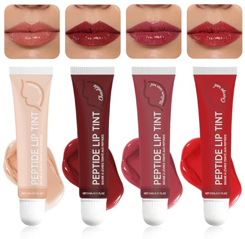4 Stück Peptide Lip Tint,Glänzender Aufpolsternder Lipgloss,Nude Plumping Peptide Lip Gloss,Feuchtigkeitsspendend und Hydratisierend,für Frauen Mädchen(15ml)