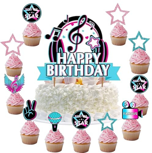 YUEcthynous Musik Kuchen Dekoration,14 Stück Musik Cupcake Topper Geburtstag Musiknoten Cake Toppe für Mädchen Rock Thema Geburtstagsparty Kuchen Dekoration Plugin