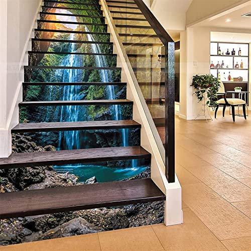 FLFK 15Pcs 3D Cascade, dans, profond, forêt auto-adhésifs Peel and Stick Escalier Riser Stickers Escalier Stickers