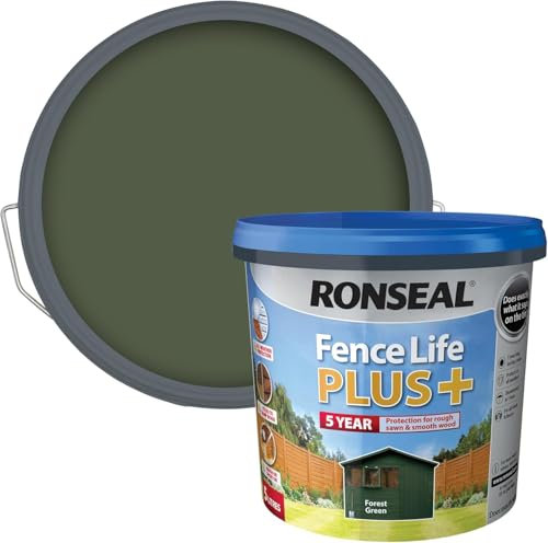 Ronseal Fence Life Plus+ 5L – Forest Green – Durable Shed & Fence Paint – One Coat, Weatherproof & Fade-Resistant – UV Protection – Lasts Up to 5 Years – For All Exterior Wood