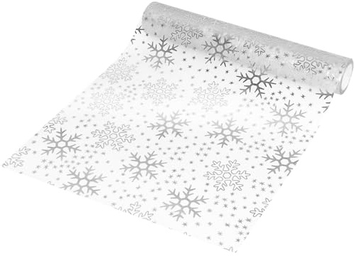 DERAYEE Chemin de table de Noël de 15 mètres, rouleau de tulle en organza avec flocons de neige argentés, feuille de paillettes pour décorations de table de Noël, bricolages, décoration de fête de