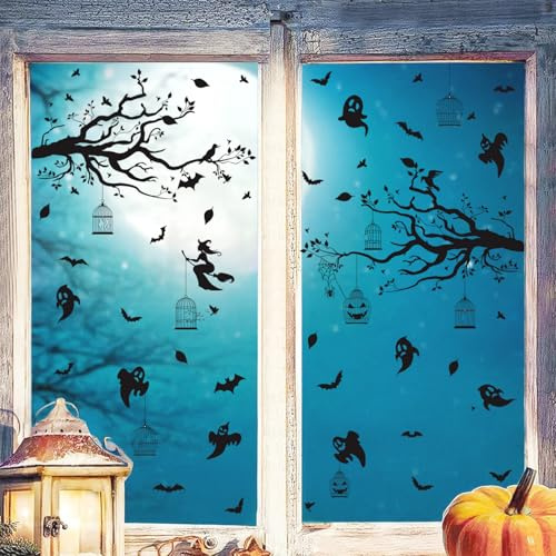CHDITB 2Stück Halloween Dekoration,Halloween Fensteraufkleber Schwarz Baum,Horror Geist Aufkleber,Fledermaus Wandtattoo Selbstklebend,Gothic Vogelkäfig Hallo ween Gothic Hexe Besen Dekoration für Home