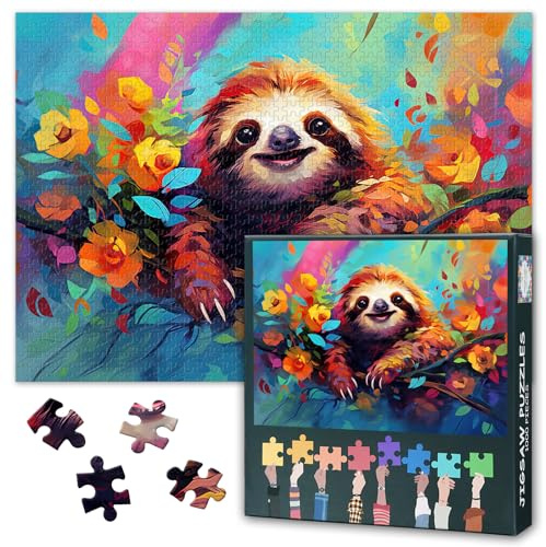 1000 Teile Premium Puzzle: Baby-Faultier (50x70cm) - Niedliches Tier mit Farbklecksen, Entspannungsaktivität