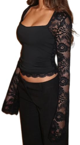 BABWWNIX Womens Y2K Bell Long Sleeve Top Lace Trim Square Neck T Shirt Crop Tops Slim Fit Going Out Shirts Blouse Streetwear