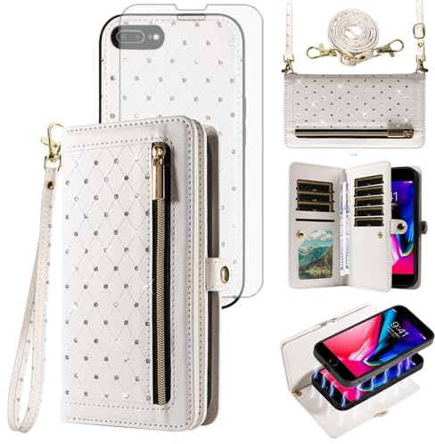 Phone Case for iPhone 7plus 8plus 7/8 Plus Zipper Wallet Detachable Cell Cover with Screen Protector Crossbody Lanyard Strap Flip Credit Card Holder i Phone7s 7s + 7+ 8s 8+ Phones8 7p 8p Women White