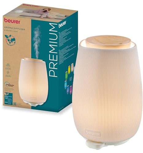 Beurer LA 45 Aroma Diffuser für ätherische Öle, 2-stufiger Ultraschall-Vernebler zur Aromatherapie, Stimmungslicht in 9 Farben, Keramikgehäuse & Holzdeckel, mit Timer & Abschaltautomatik, bis 20m2