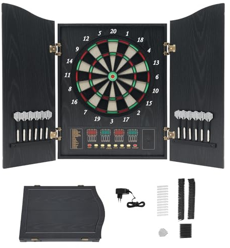 ROGONPDK Elektronische Dartscheibe Holzschranktüren, Dartscheibe Dekorative Set bis 16 Spieler, Dartautomat Standgerät mit LED Beleuchteten Ziffern, Dart Ständer mit 12×Pfeile & 88 Dartköpfe