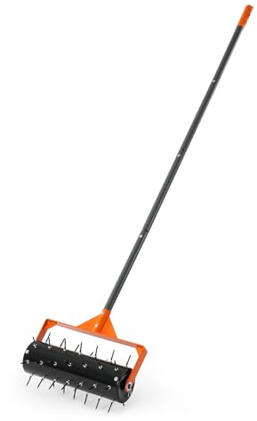 VEVOR Arieggiatore Manuale per Prato da 41 cm Aeratore a Spinta da Prato Terreno in Metallo Compatti per Giardino Cortile Campi con Punti in Ferro 42 x 5,5 cm Manico Lungo Rullo Ricaricabile