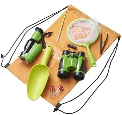 Mega Explorer Kit for Kids – 9 Piece Outdoor Adventure Set with Microscope & Binoculars | STEM Learning Toy with Storage Bag | Batteries Included