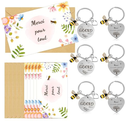 KASURE 6 Set Cadeau Maitresse D'école, Remerciement Fin d'Année, Porte Clé Abeille Coeur Rond, Carte Colorée, Merci Enseignant, Cadeau Personnalisé Fin Scolaire, Atsem Aesh Maternelle
