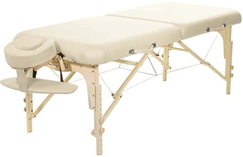 Clap Tzu | Classic Set | professionelle Mobile Massageliege Creme | 65 mm Polsterung | 184 x 75 cm | inkl. Kopfstütze ErgoFit mit Polsterkragen, Armablage, Transporttasche | seit 35 Jahren