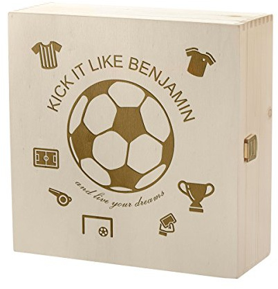 polar-effekt Aufbewahrungsbox Gravur - Große Holzkiste mit Deckel Natur 27x27cm – Geschenk für Jungen Spielzeug-Truhe - Holzbox Allzweck-Kiste aus Holz Kleiner Fußballer