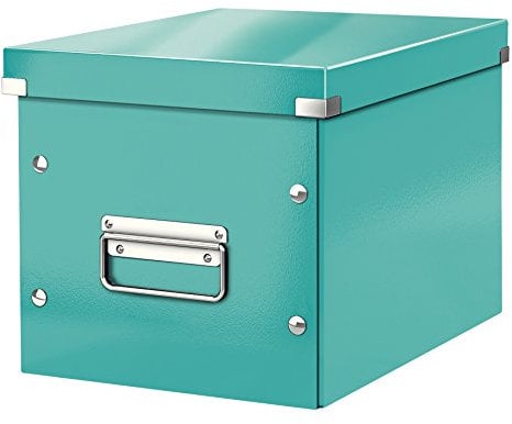Leitz Click & Store Aufbewahrungsbox mit Deckel Mittel-Groß, Würfelbox für Regale im Wohnzimmer oder Büro, Transportbox aus 80 % recycelter Premium-Hartpappe, Stabile Metallgriffe, Eisblau, 61090051