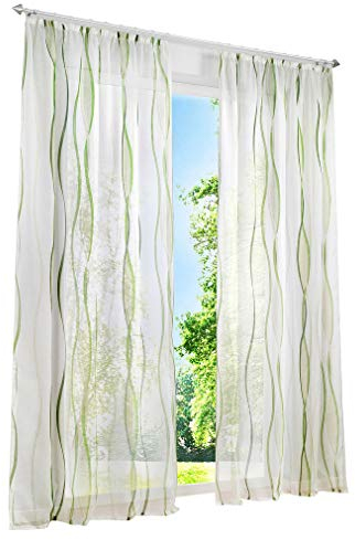 1er-Pack Gardinen mit Wellen Druck Design Vorhang Transparent Voile Vorhänge (BxH 140x145cm, grün mit Kräuselband)