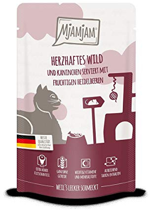 MjAMjAM Katzen Nassfutter: Herzhaftes Wild & Kaninchen an fruchtigen Heidelbeeren - 12er-Pack, hoher Fleischanteil