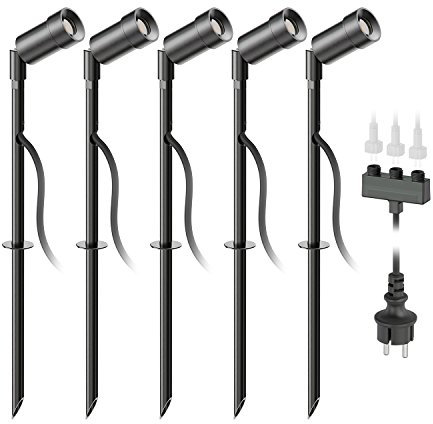 ledscom.de LED Gartenstrahler Spico schwarz mit Erdspieß für außen IP44 je 125lm kalt-weiß 5er Set