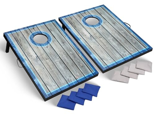 Ensemble de Cornhole à LED avec Planches de cibles rustiques et 8 Sacs de Lancer, Zones cibles éclairées, poignées de Transport pour la portabilité, Bleu/Blanc