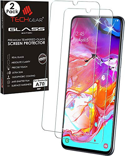 TECHGEAR 2 Pack GLASS Edition Compatible with Samsung Galaxy A70, Tempered Glass Screen Protector Covers [2.5D Round Edge] [9H Hardness] [Crystal Clarity] [Scratch-Resistant] [No-Bubble]