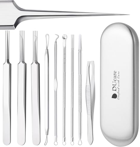 DUcare Mitesserentferner: 9 Stück Pickel Ausdrücken Werkzeug Set zum Ausdrücken von Pickeln und Entfernen von Mitessern Blackhead Remover Tool