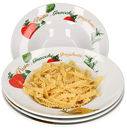 Van Well 4er Pasta-Teller-Set Milano mit Aufdruck I Ø 27 cm Porzellan-Teller I tiefe Nudelteller I Suppenteller mit breitem Rand I Design Pastateller bunt zum Servieren für Nudelgerichte