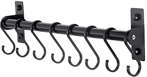 Dseap Kitchen Utensil Holder Hanger, Pot and Pan Rack Wall Mounted, Kitchen Rail with 8 Hooks for Hanging Cooking Utensils, Mugs, Spoons, Wall Mounted, Black