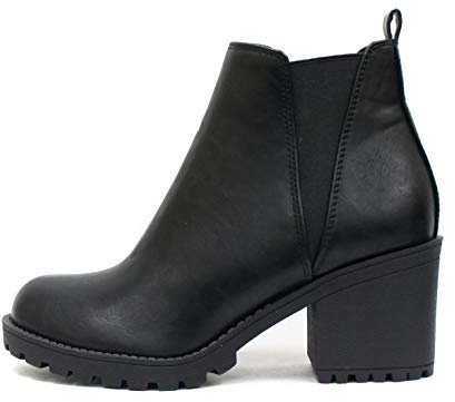 Soda ORIGAMI ~ WOMEN LUG SOLE MID HEEL FASHION ANKLE BOOTIE W/DOUBLE ELASTIC GORE (10, Black, numeric_10)