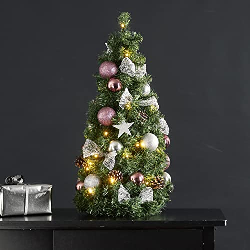 Künstlicher Weihnachtsbaum Noel von Star Trading, Tannenbaum klein mit Christbaumschmuck LED Lichterkette und Timer in Grün, Silber und Rosa für innen, warmweiß, batteriebetrieben, Höhe: 45 cm